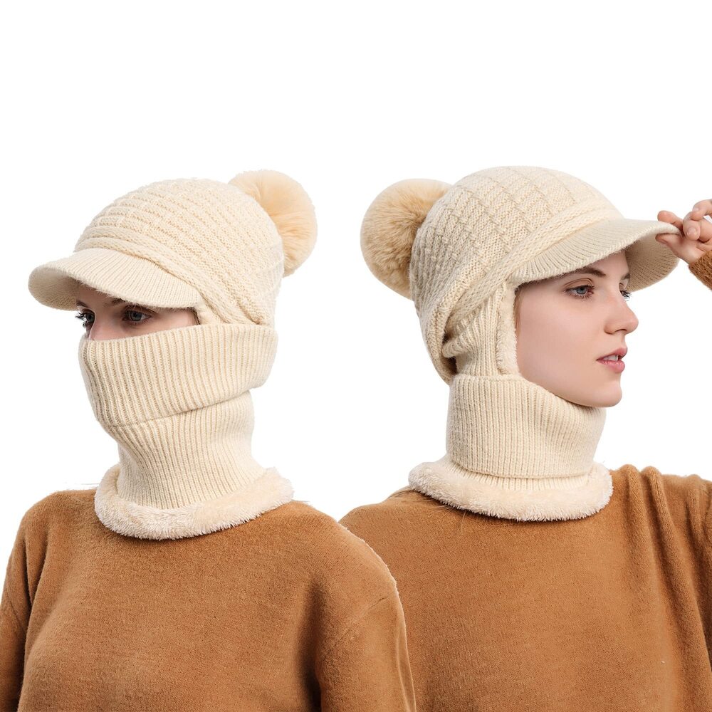 8123 Fleece Lined Beanie Knit Hat,Winter Scarf Mask Set ,Girls Snow Caps